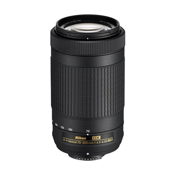 Nikon AF-P DX NIKKOR 70-300mm f/4.5-6.3G ED lens at ClubCamera.com with gold branding and textured grip