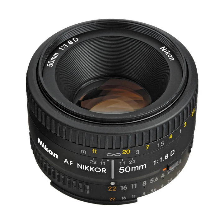 Nikon AF FX NIKKOR 50mm f/1.8D portrait lens front view with engraved specs at ClubCamera.com