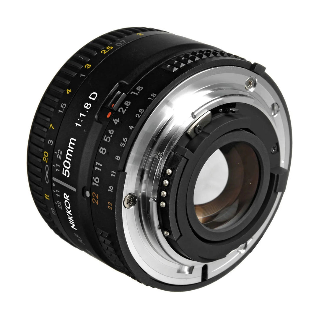 Rear mount view of black Nikon AF FX 50mm f/1.8D prime lens with gold contacts at ClubCamera.com
