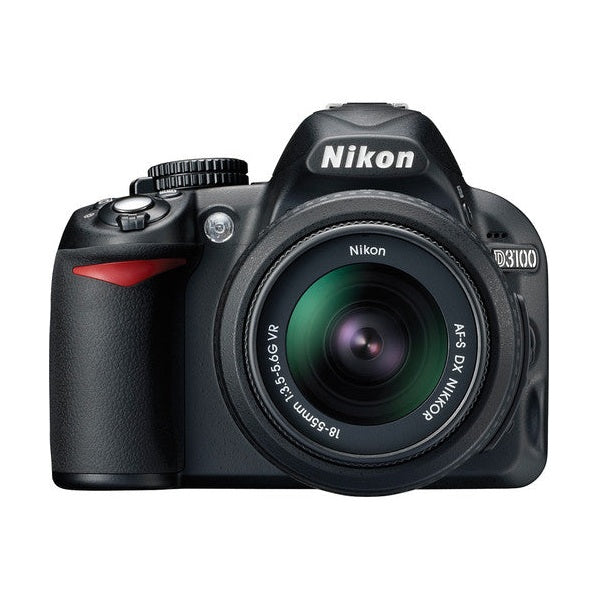 Front shot of black Nikon D3100 DSLR with multi-coated 18-55mm lens glass, ClubCamera.com