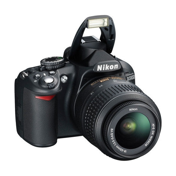 Black Nikon D3100 with 18-55mm VR lens and raised flash, ClubCamera.com