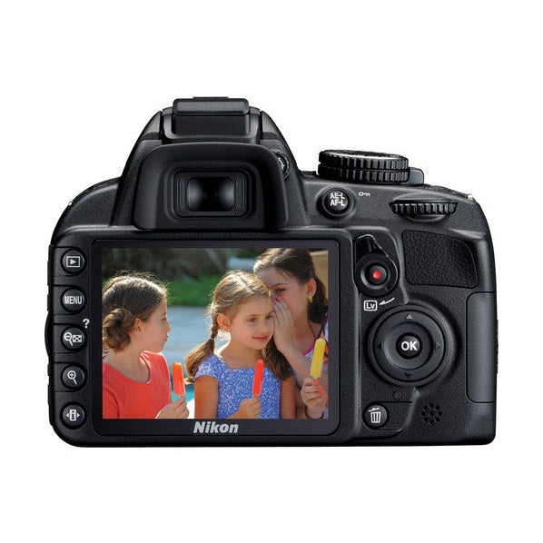 Nikon D3100 DSLR back view with 3-inch LCD showing girls eating popsicles, ClubCamera.com