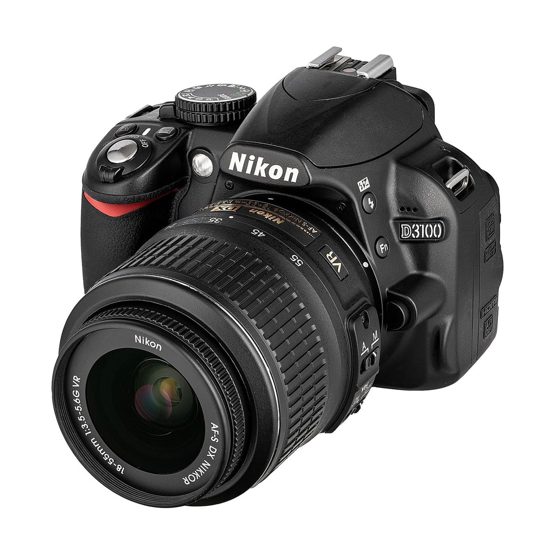 Nikon D3100 top control layout with mode dial and red grip accent, ClubCamera.com