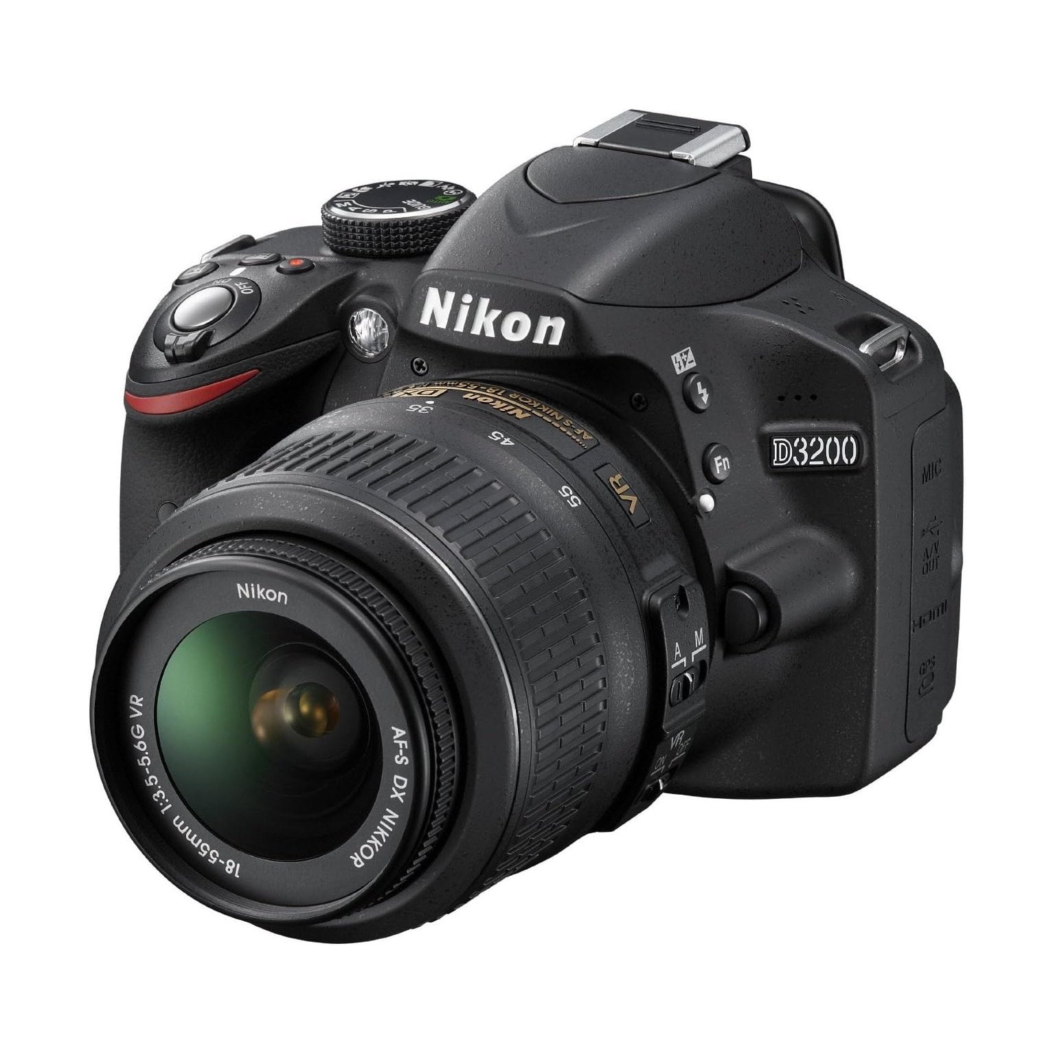 Nikon D3200 DSLR camera with 18-55mm lens at ClubCamera.com showing textured grip and red accent stripe
