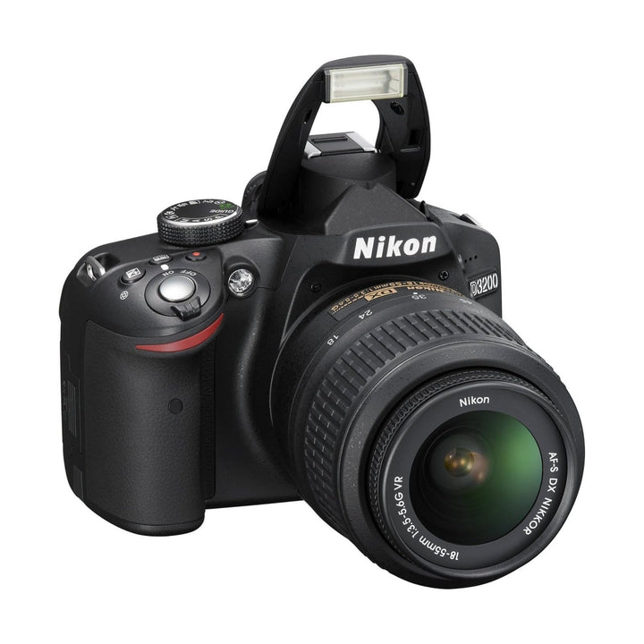 Black Nikon D3200 DSLR with pop-up flash raised and VR lens at ClubCamera.com highlighting top mode dial