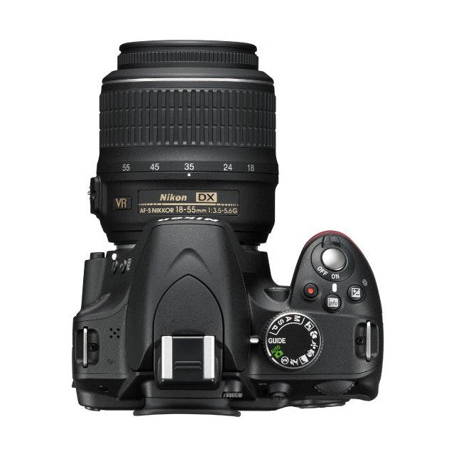 Top-down view of Nikon D3200 DSLR with GUIDE mode dial and hot shoe mount at ClubCamera.com