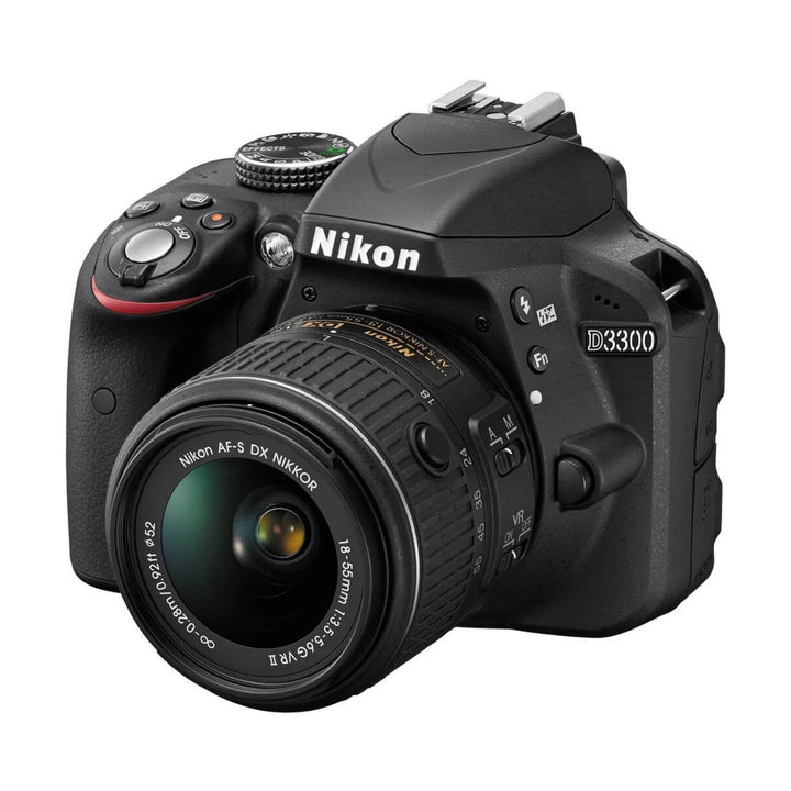 Nikon D3300 DSLR camera with 18-55mm lens at ClubCamera.com showing top mode dial and red shutter button