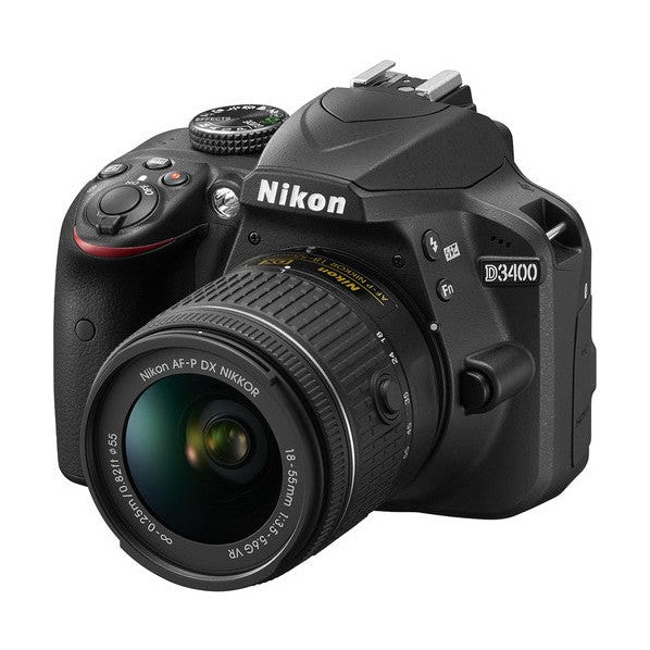 Black Nikon D3400 DSLR with textured grip and red shutter button from ClubCamera.com