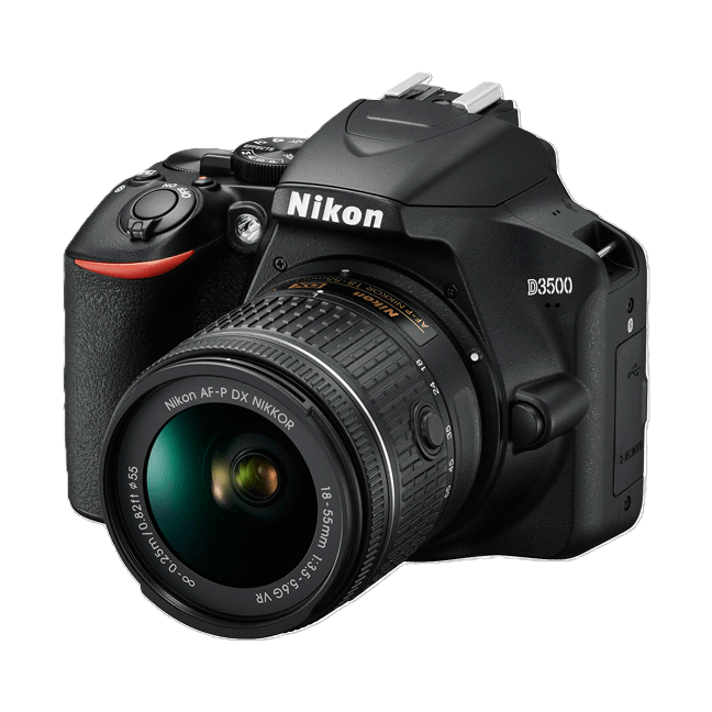 Three-quarter view of black Nikon D3500 DSLR with command dials and ports available at ClubCamera.com