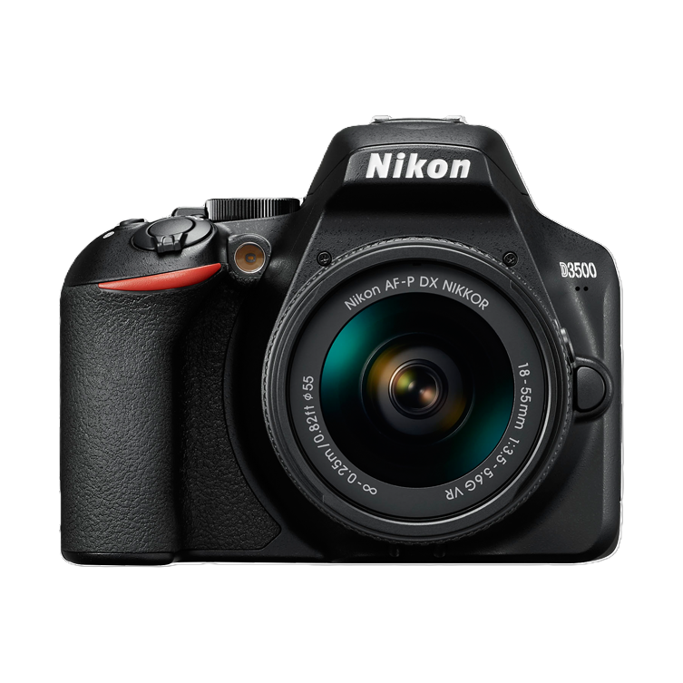 Front shot of black Nikon D3500 DSLR with 18-55mm VR lens and red accent stripe by ClubCamera.com