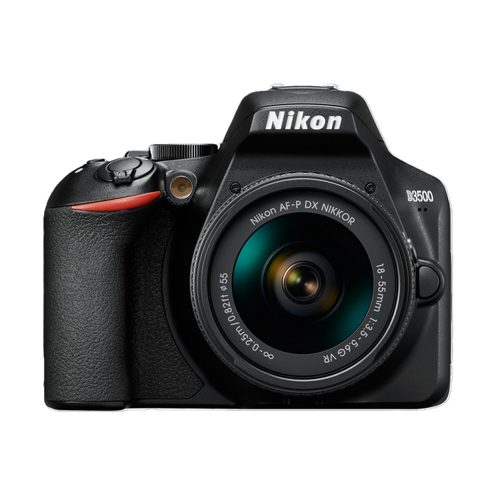 Front shot of black Nikon D3500 DSLR with 18-55mm VR lens and red accent stripe by ClubCamera.com