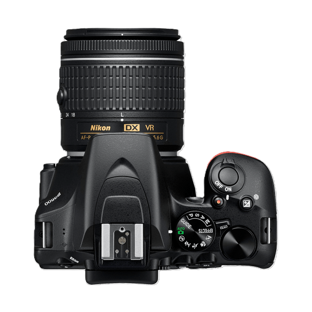Nikon D3500 DSLR camera with AF-P DX 18-55mm VR lens in black at ClubCamera.com showing mode dial and textured grip