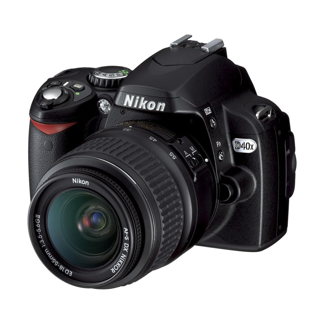 Nikon D40x DSLR camera with 18-55mm lens at ClubCamera.com showing textured grip and red accent stripe