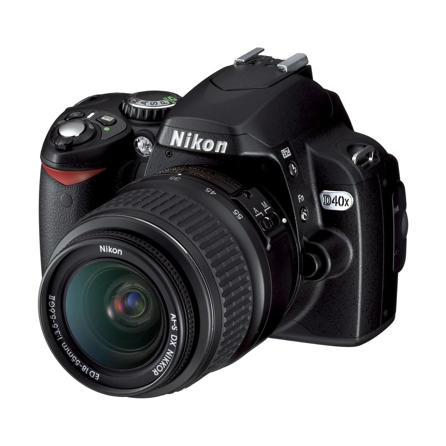 Nikon D40x DSLR camera with 18-55mm lens at ClubCamera.com showing textured grip and red accent stripe