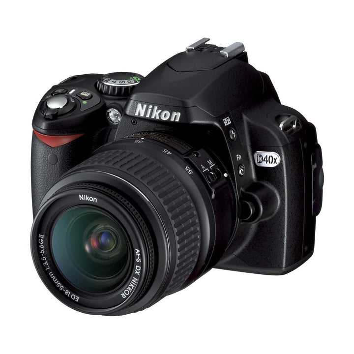 Nikon D40x DSLR camera with 18-55mm lens at ClubCamera.com showing textured grip and red accent stripe