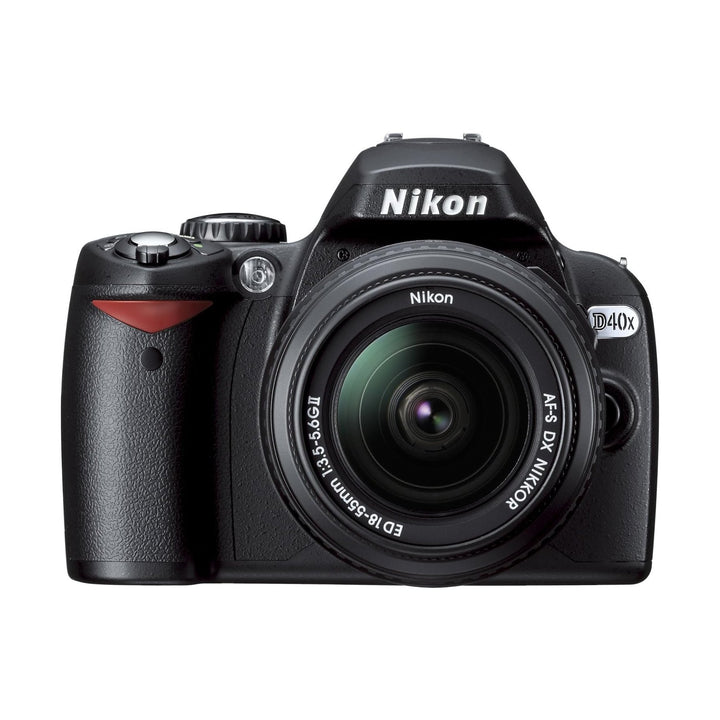 Front shot of black Nikon D40x DSLR with AF-S DX 18-55mm lens at ClubCamera.com