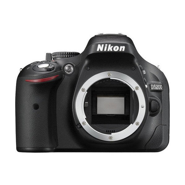 Front view of black Nikon D5200 DSLR body with F-mount bayonet ring at ClubCamera.com