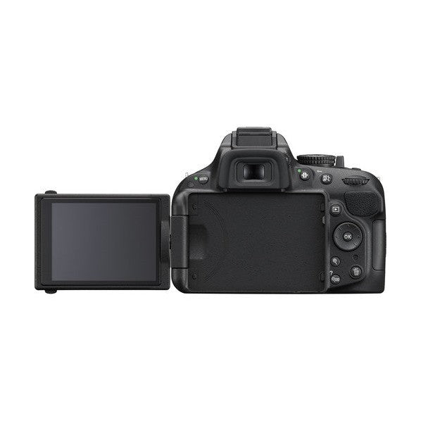 Black Nikon D5200 DSLR body showing flipped LCD screen hinge detail from ClubCamera.com