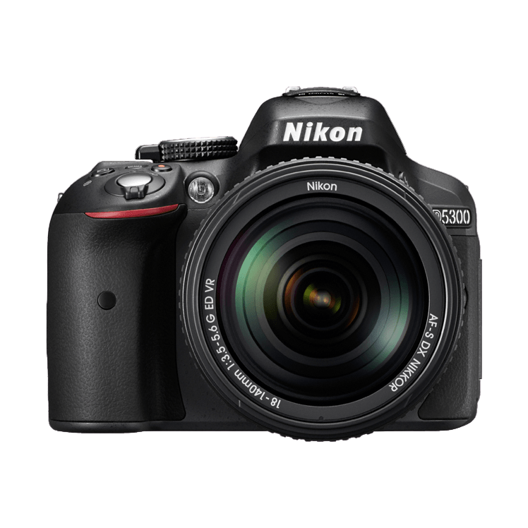 Black Nikon D5300 DSLR camera front view with red grip accent and 18-140mm VR lens from ClubCamera.com