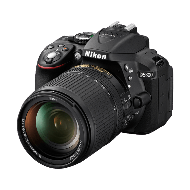 Nikon D5300 DSLR side angle showing mode dial, command dials, and textured grip with 18-140mm lens at ClubCamera.com