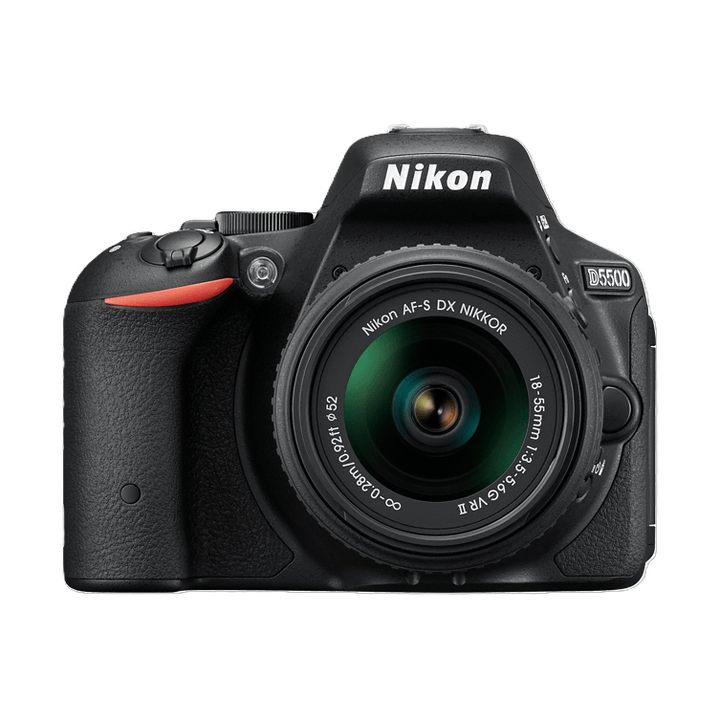Nikon D5500 black DSLR camera kit with red grip stripe and 18-55mm lens at ClubCamera.com