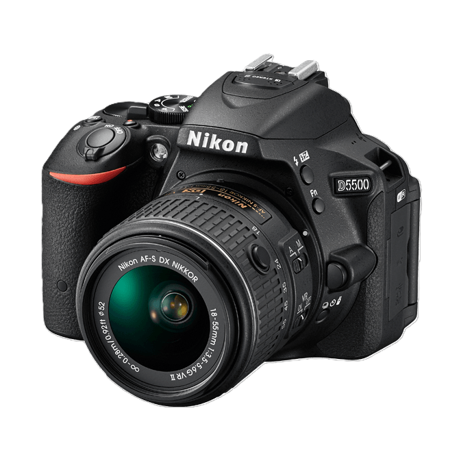 Right angle shot of Nikon D5500 DSLR body with folded vari-angle screen and 18-55mm VR II lens at ClubCamera.com
