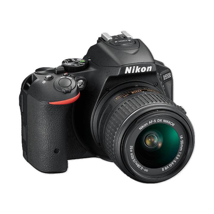 Side view of black Nikon D5500 DSLR showing textured grip, mode dial, and red accent stripe from ClubCamera.com