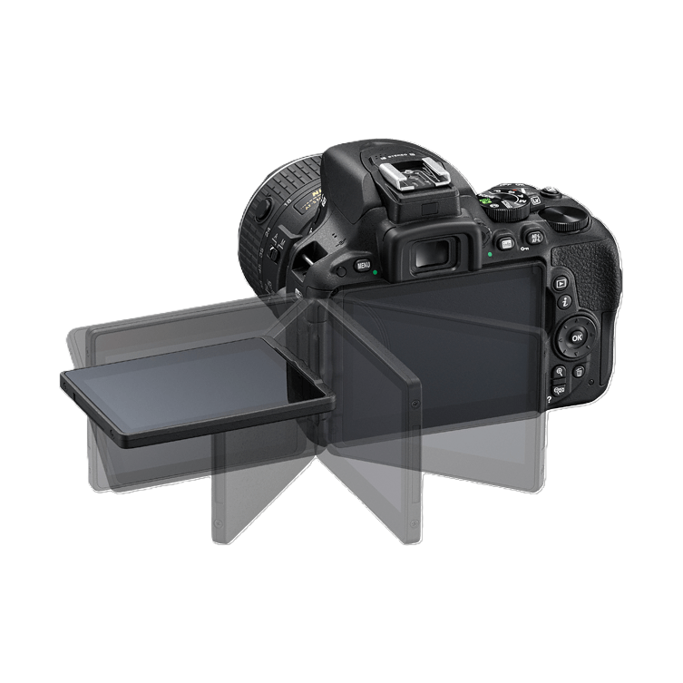 Nikon D5500 back view demonstrating fully articulated vari-angle touchscreen LCD range without lens at ClubCamera.com
