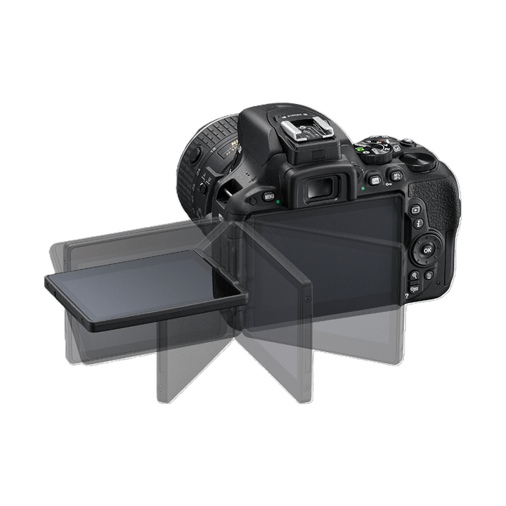 Nikon D5500 back view demonstrating fully articulated vari-angle touchscreen LCD range without lens at ClubCamera.com