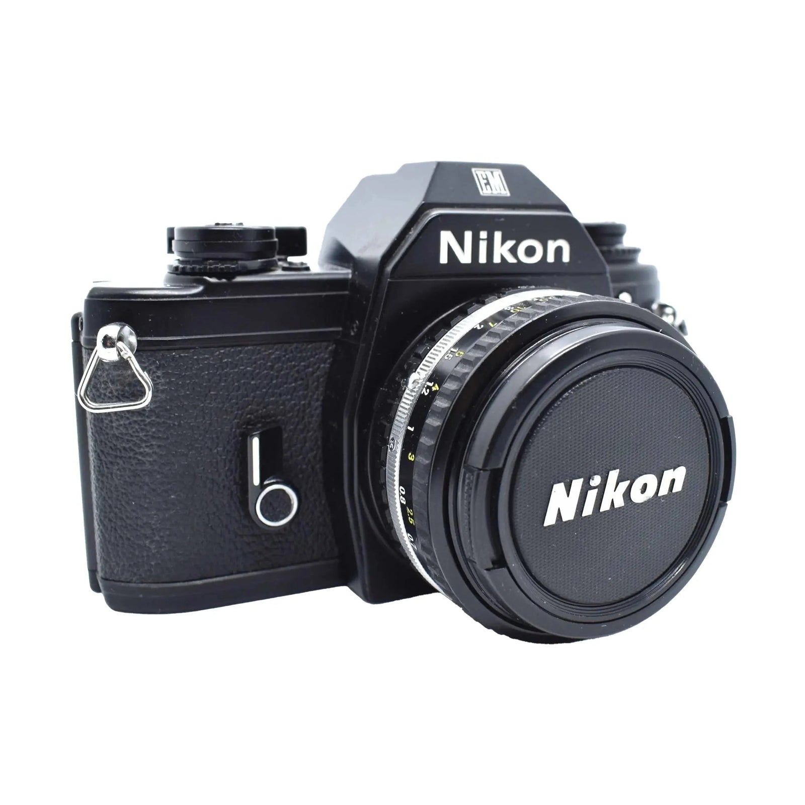 Black Nikon EM 35mm SLR film camera kit with 50mm lens at ClubCamera.com