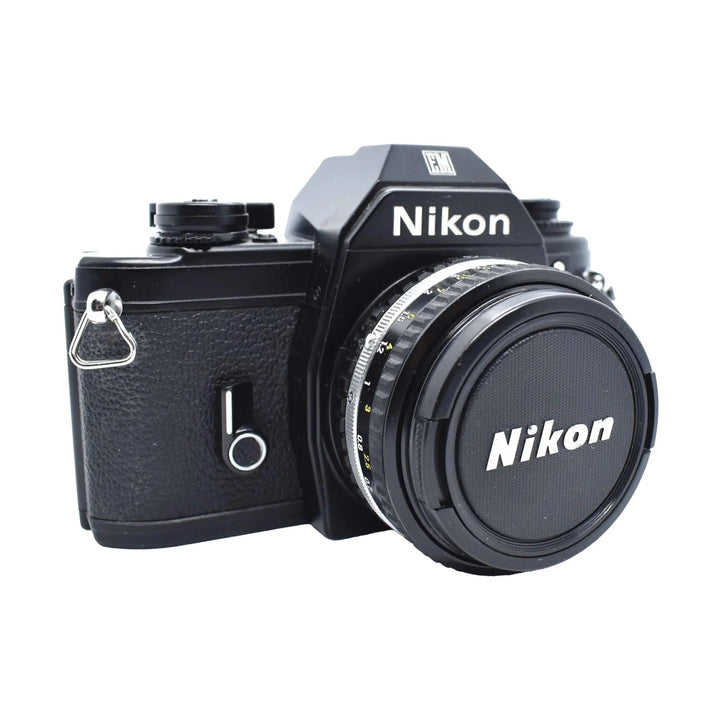 Black Nikon EM 35mm SLR film camera kit with 50mm lens at ClubCamera.com