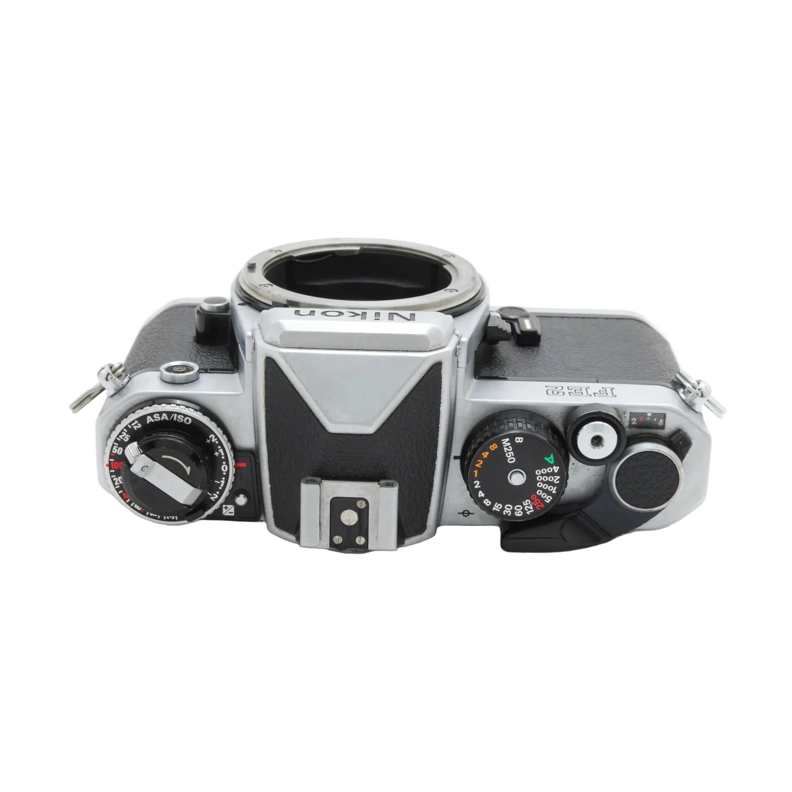 Nikon FE2 silver SLR film camera body by ClubCamera.com showing ISO and shutter speed dials with textured grip