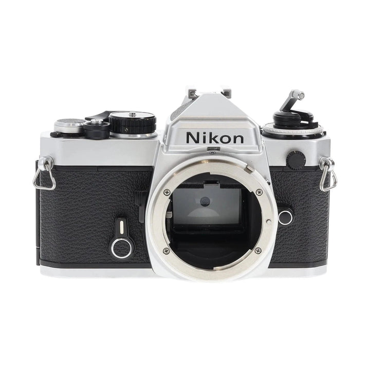 Front view Nikon FE 35mm film camera body only by ClubCamera displaying embossed logo and open F-mount bayonet
