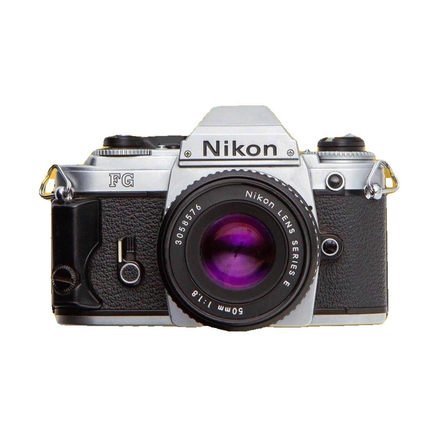 ClubCamera front shot of silver Nikon FG 35mm film SLR camera kit with 50mm f/1.8 Nikkor lens featuring purple anti-reflective coating