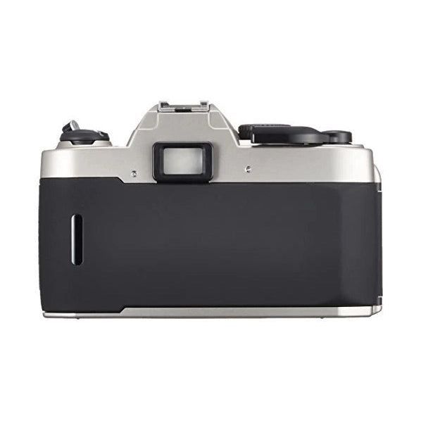 Rear view of minimalist silver and black Nikon FM-10 manual SLR film camera body showing optical viewfinder and rewind crank at ClubCamera.com