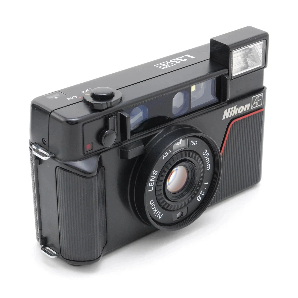 Black Nikon L35AF point-and-shoot film camera with textured grip and red accent stripe from ClubCamera.com