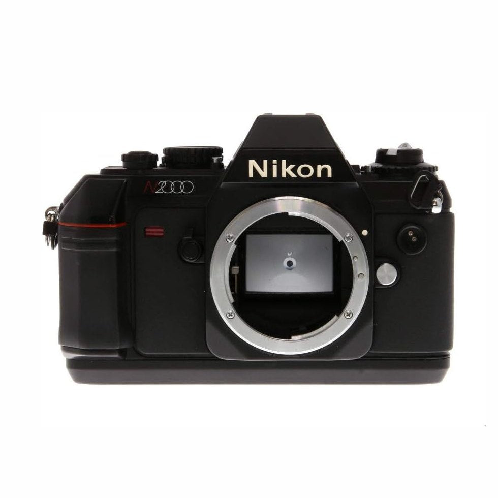 Front view black Nikon N2000 F-301 SLR body with exposed lens mount and red accent line at ClubCamera.com