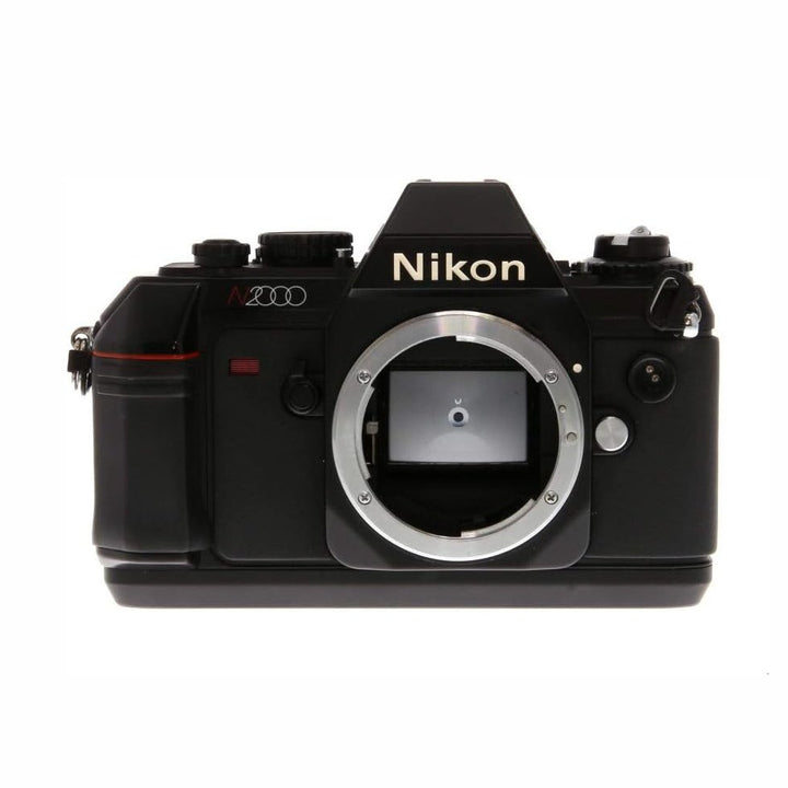 Front view black Nikon N2000 F-301 SLR body with exposed lens mount and red accent line at ClubCamera.com