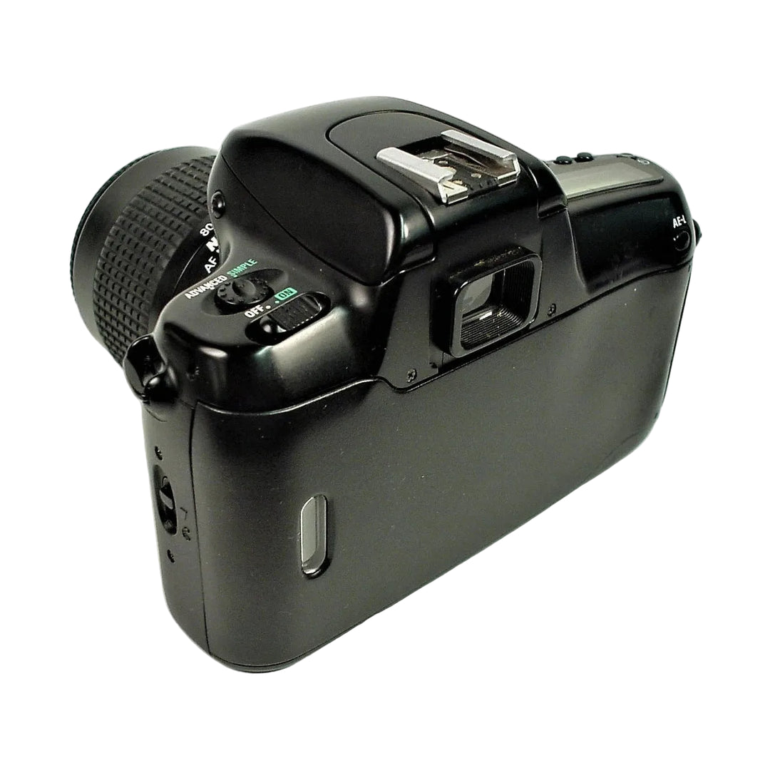 Rear view of black Nikon N50 autofocus SLR film camera showing viewfinder, hot shoe, and AE-L button sold by ClubCamera.com