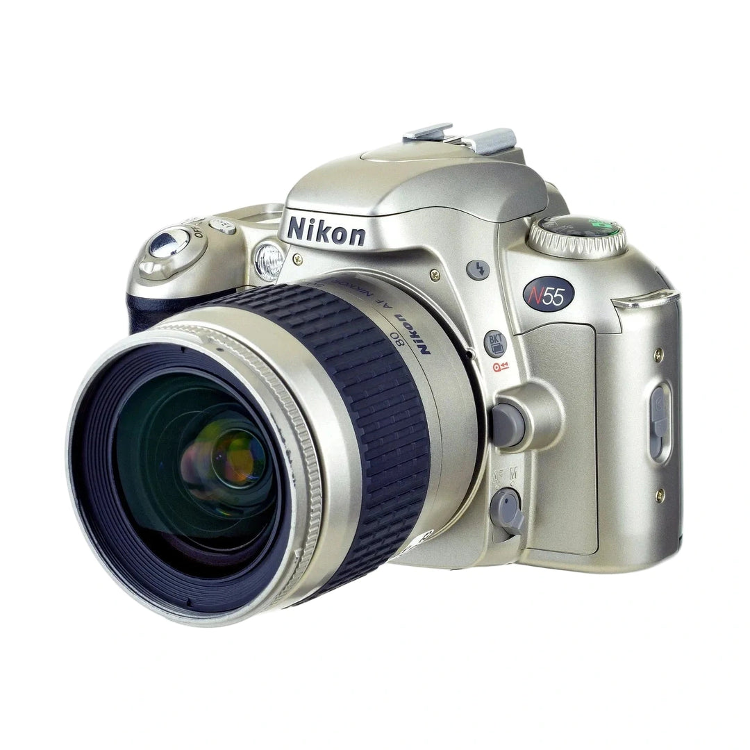 Front view silver Nikon N55 35mm SLR film camera with AF Nikkor 28-80mm zoom lens and multi-coated glass at ClubCamera.com