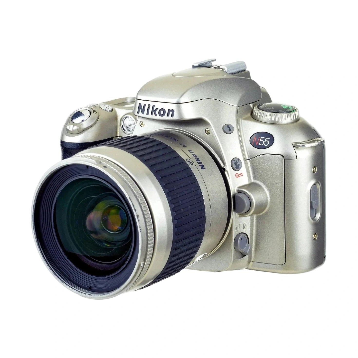 Front view silver Nikon N55 35mm SLR film camera with AF Nikkor 28-80mm zoom lens and multi-coated glass at ClubCamera.com