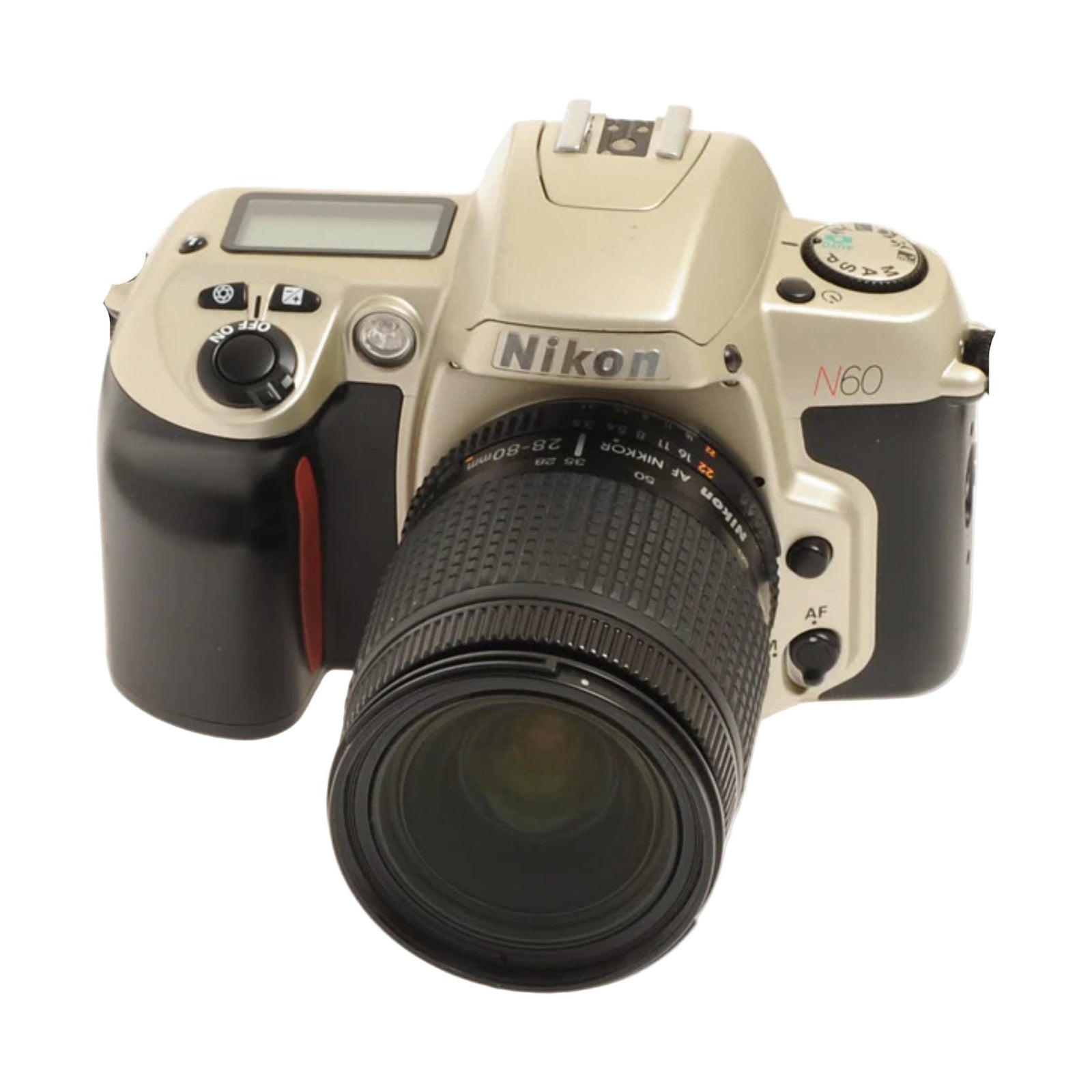 Nikon N60 35mm camera top controls mode dial and AF zoom lens at ClubCamera.com