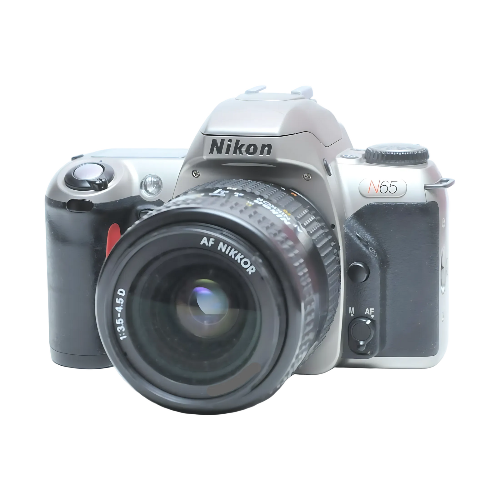 Front angle of silver Nikon N65 SLR film camera with AF Nikkor lens logo and M/AF switch at ClubCamera.com