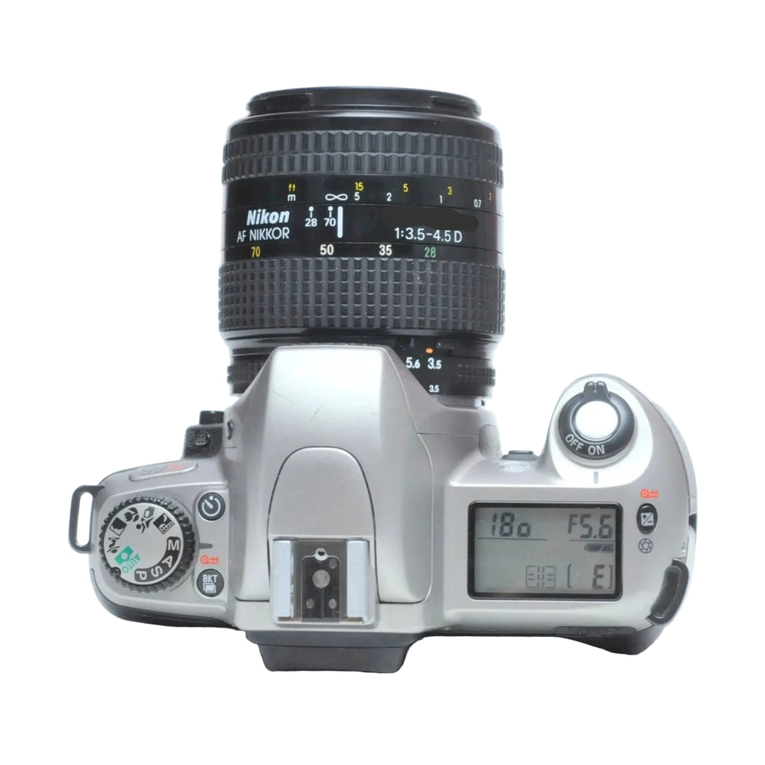 Nikon N65 silver SLR film camera kit with AF Nikkor lens mode dial and LCD panel at ClubCamera.com