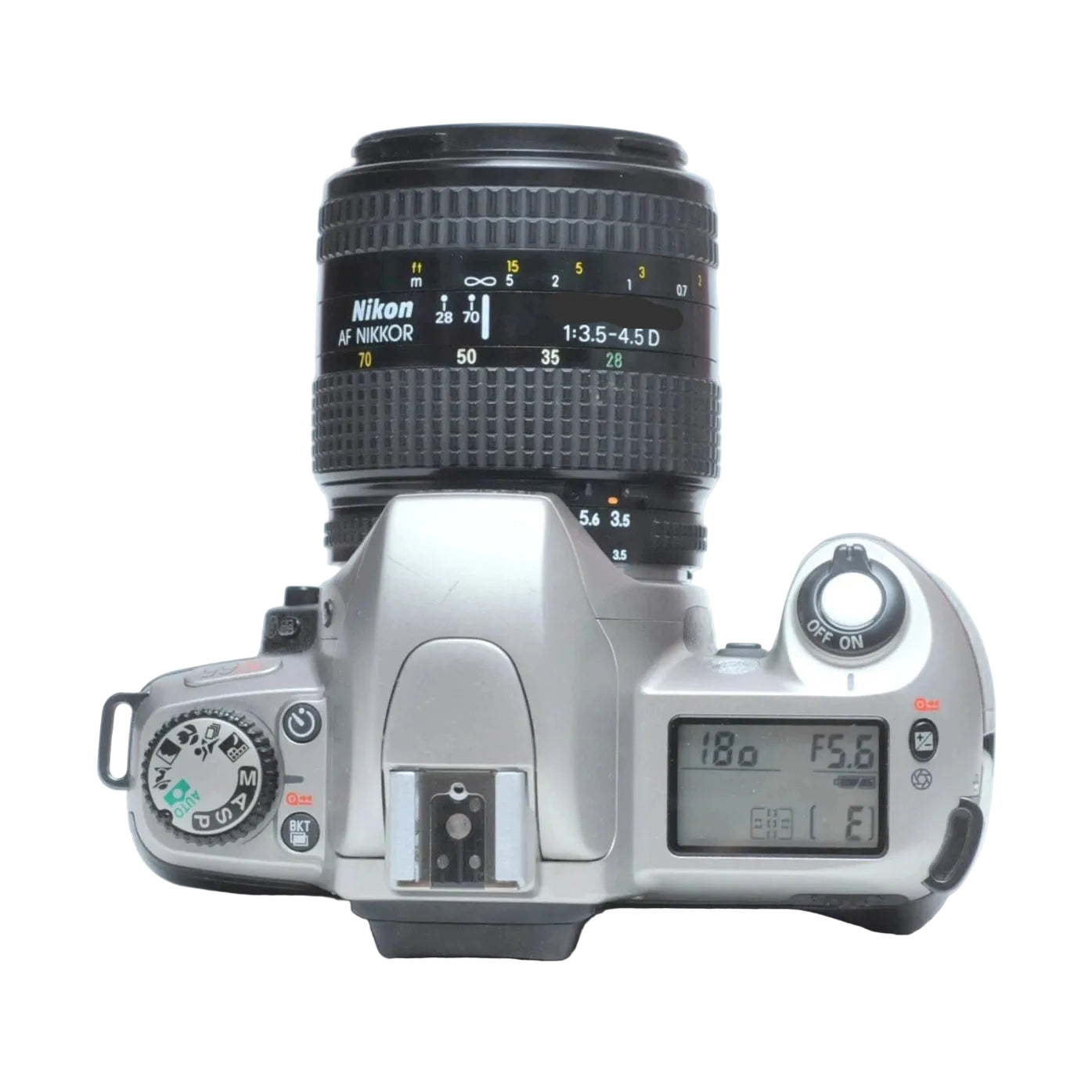 Nikon N65 silver SLR film camera kit with AF Nikkor lens mode dial and LCD panel at ClubCamera.com