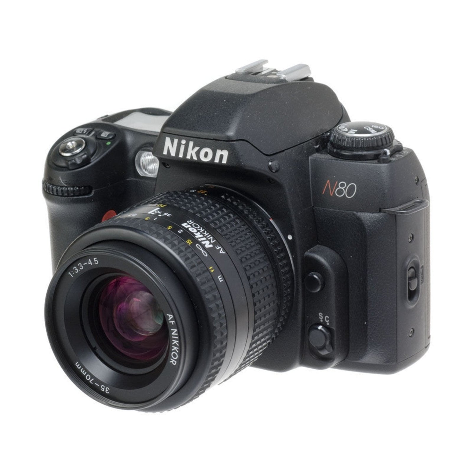 Nikon N80 with AF Nikkor 35-70mm zoom lens three-quarter angle at ClubCamera.com