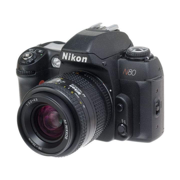 Nikon N80 with AF Nikkor 35-70mm zoom lens three-quarter angle at ClubCamera.com