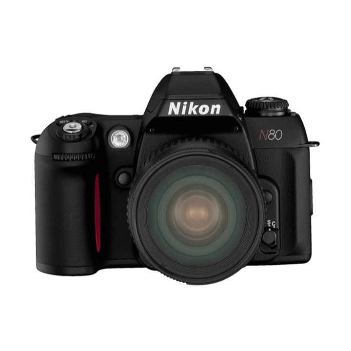 Black Nikon N80 35mm SLR with AF Nikkor zoom lens front view at ClubCamera.com