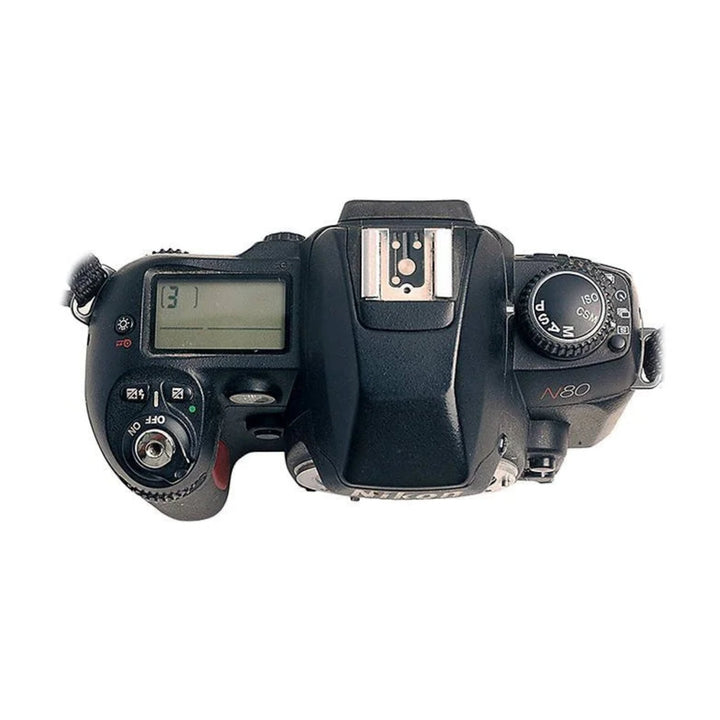 Nikon N80 black SLR film camera rear view with LCD and mode dial at ClubCamera.com