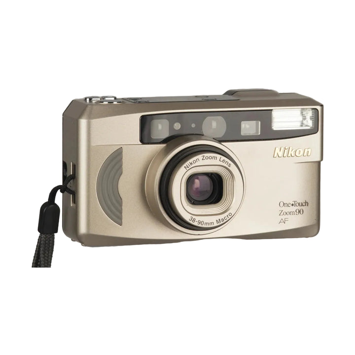 Front of gold Nikon One Touch Zoom 90 AF 35mm film camera with 38-90mm lens and flash by ClubCamera.com